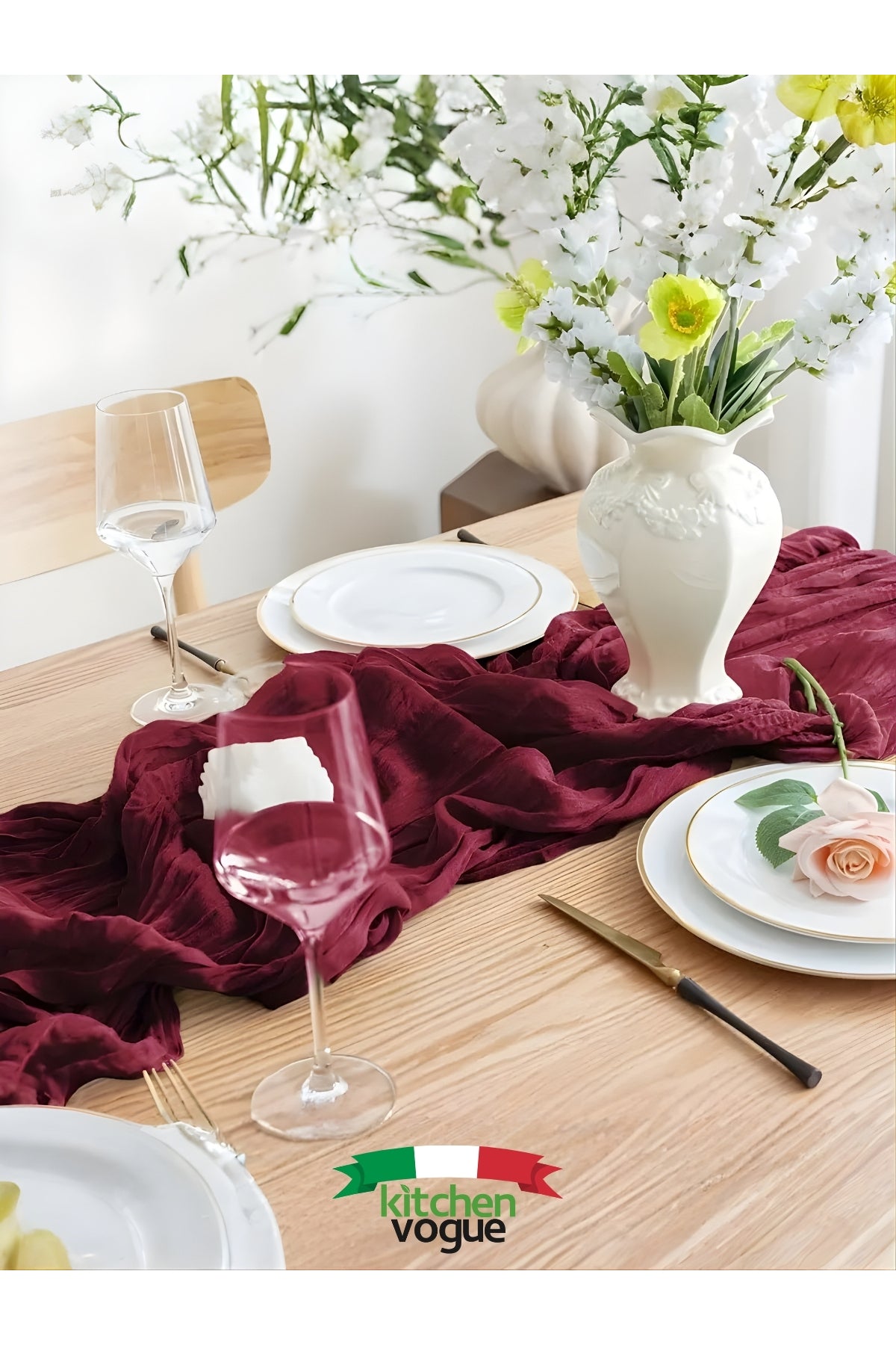 Burgundy cotton table runner styled for a dinner