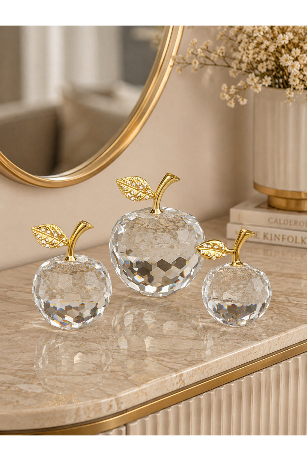 Crystal apple figurines set of 3 gold and silver