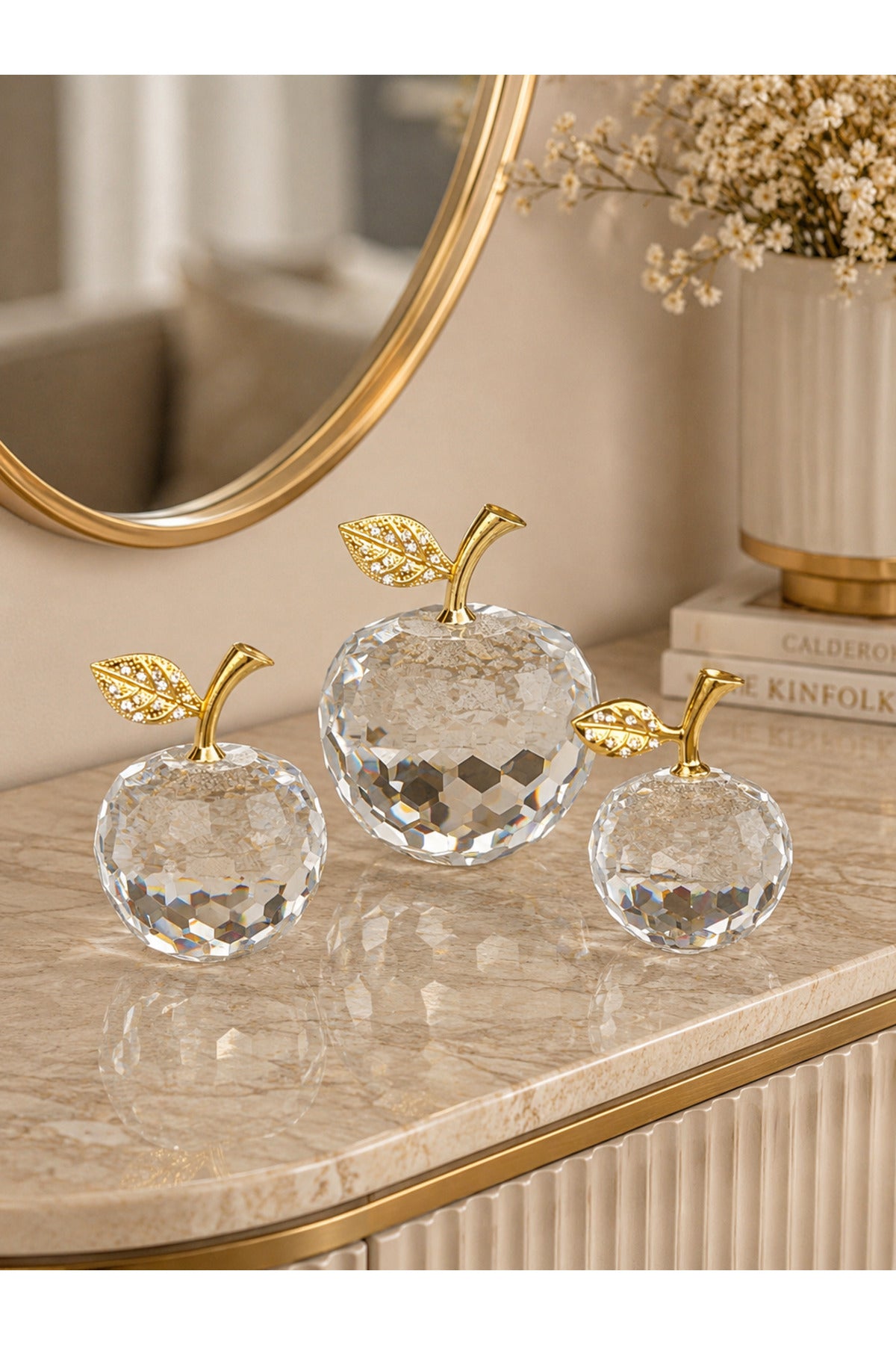 Crystal apple figurines set of 3 gold and silver