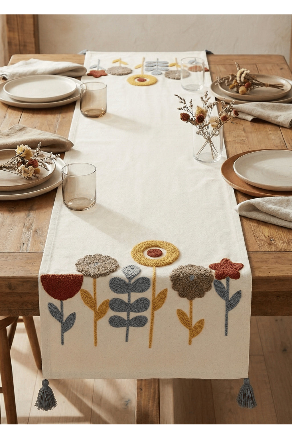 Embroidered flower runner with tassels