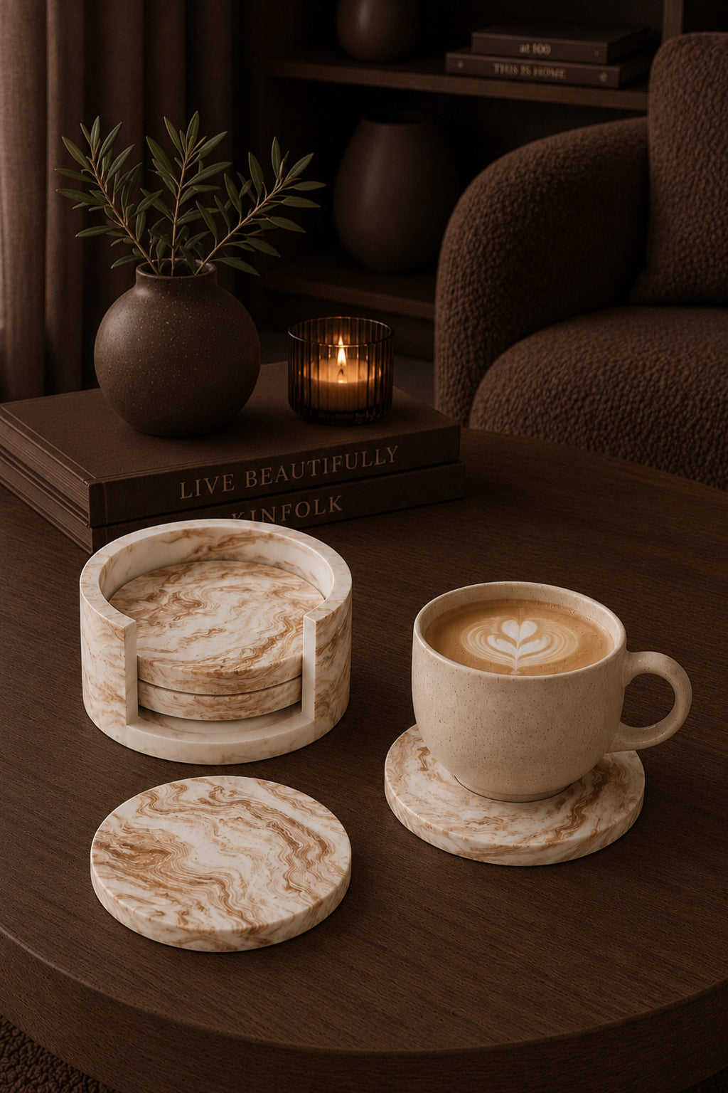 Marble-effect concrete coaster set with stand
