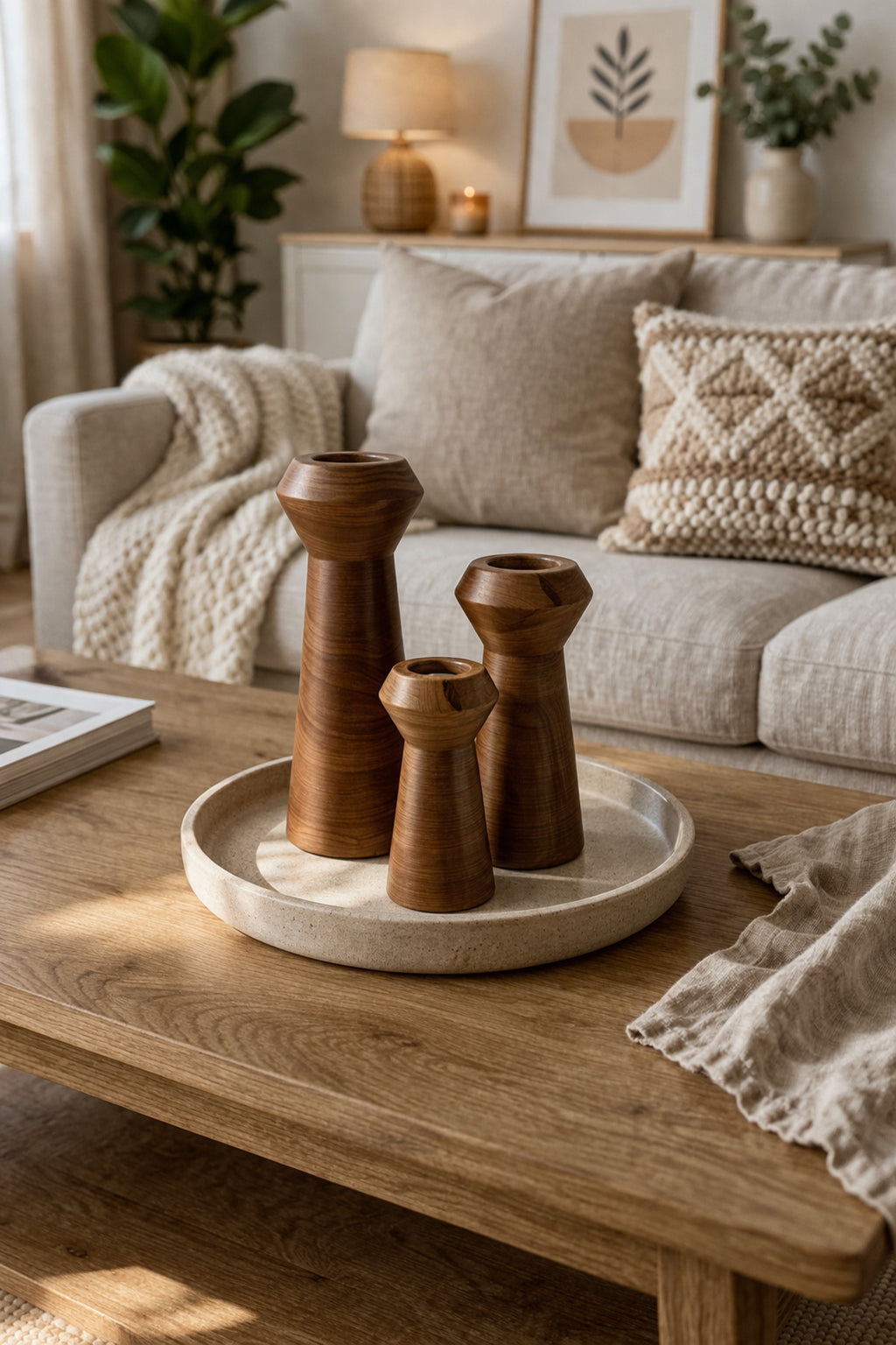 Brown candle holders on a coffee table