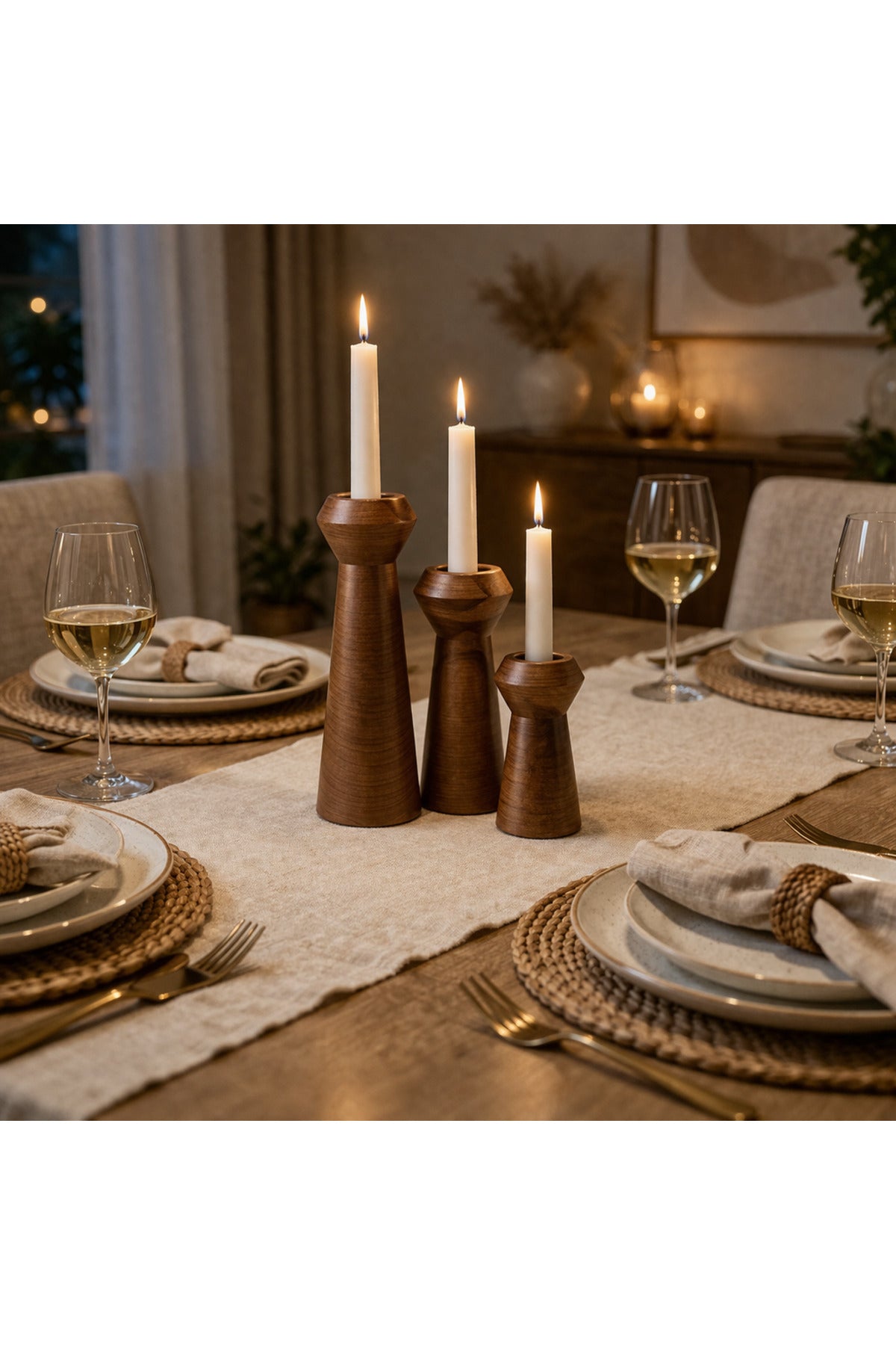 Brown candle holders on a dining table