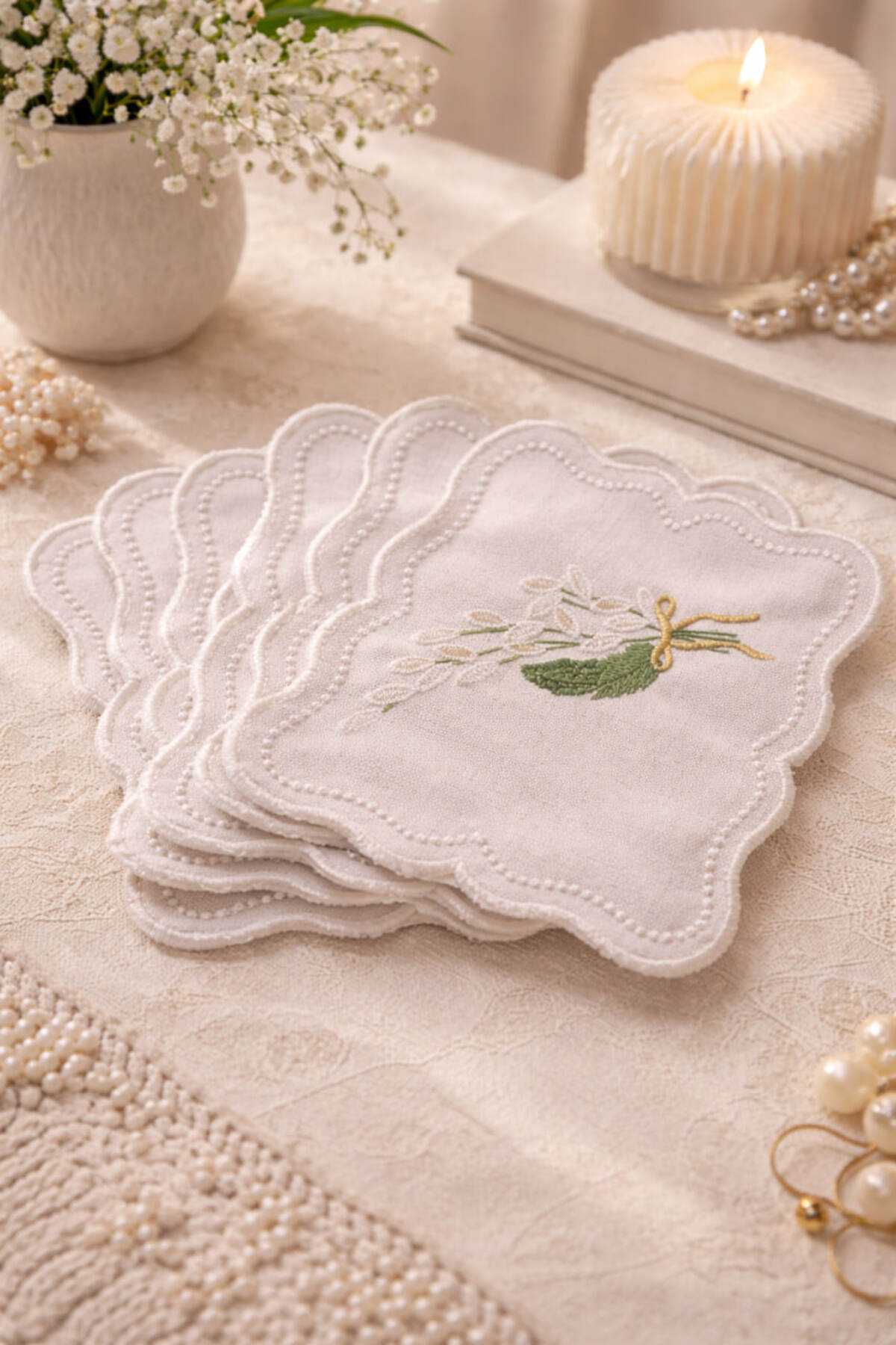 Embroidered linen coasters, set of 6
