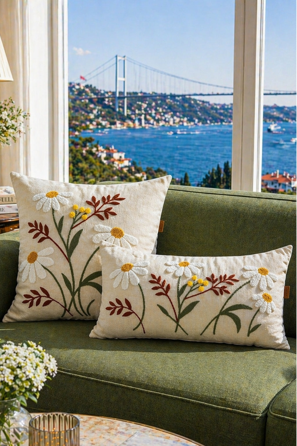 Daisy cushions by the window