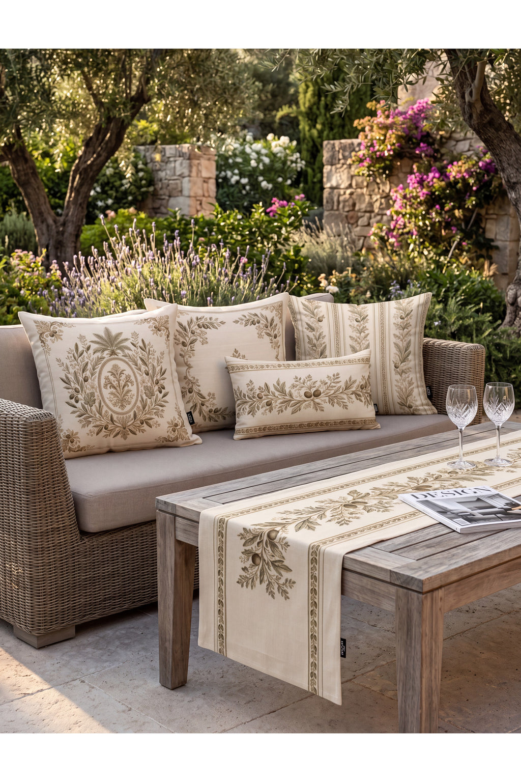 Olive branch set on a garden sofa