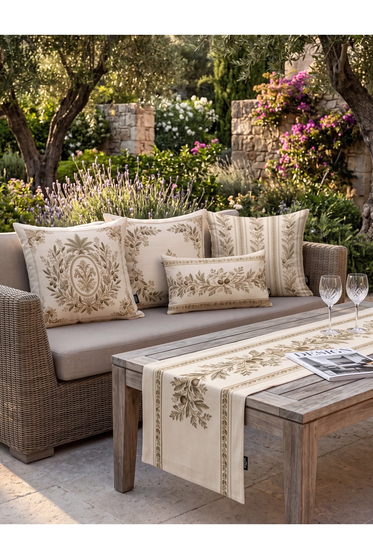 Olive branch set on a garden sofa