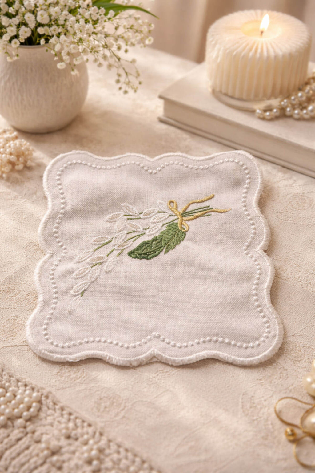 Embroidered linen coaster close-up