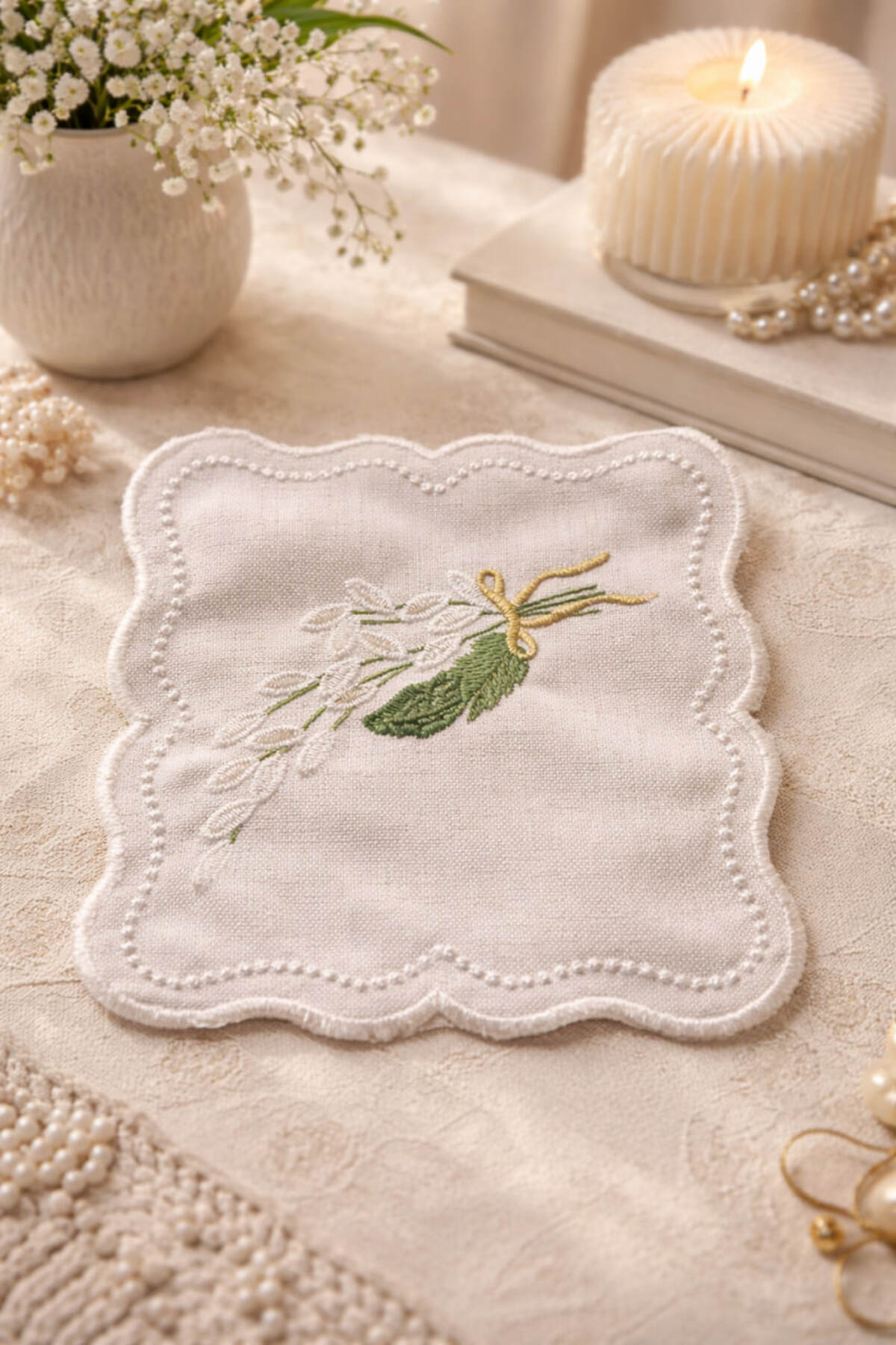 Embroidered linen coaster close-up