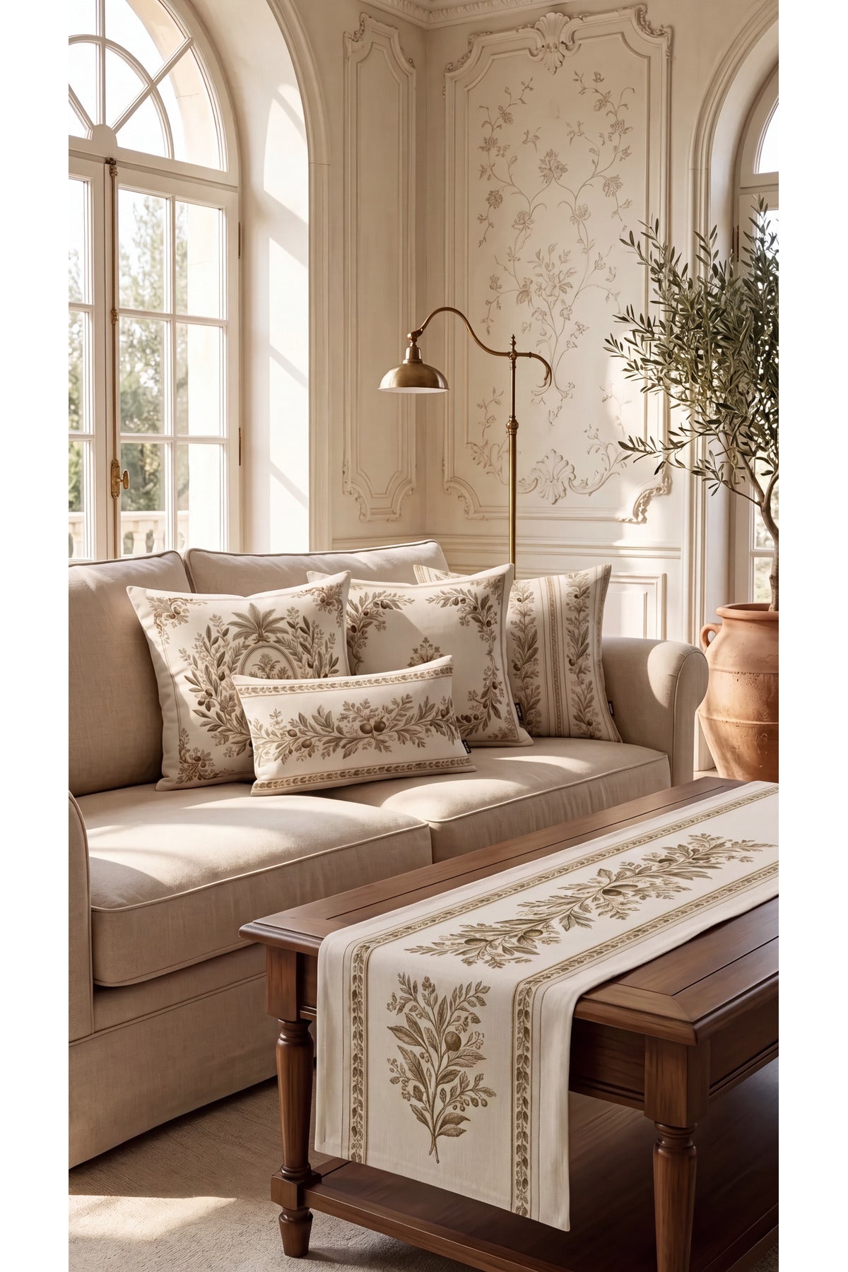 Olive branch cushion covers and runner set