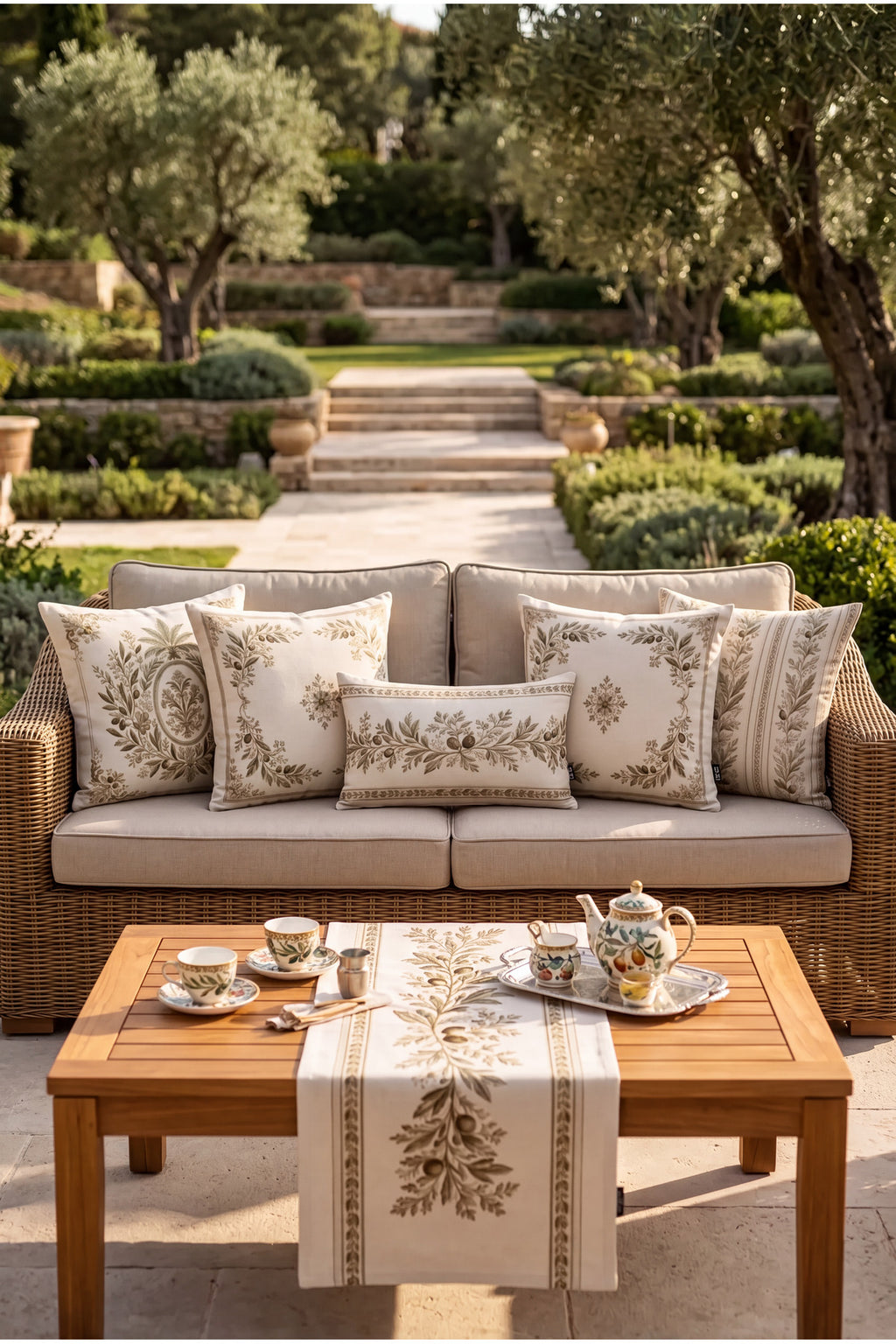 Olive branch cushions outdoors