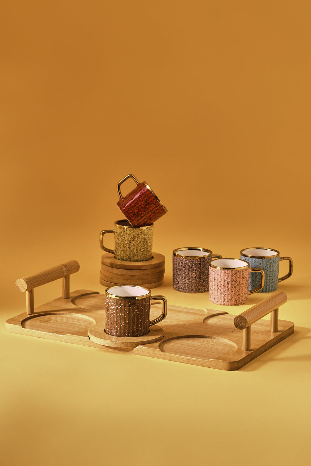 Coloured coffee cup set for 6 with bamboo tray