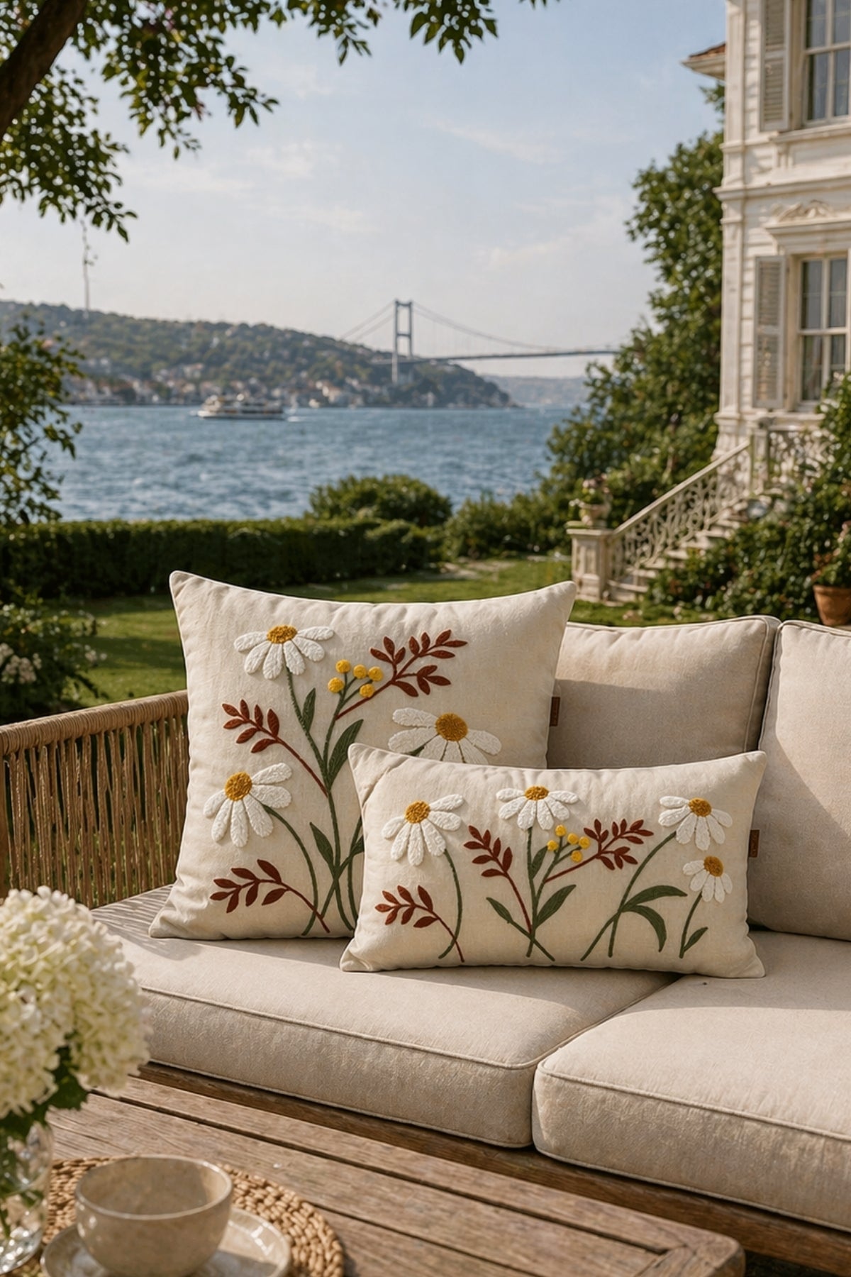 Daisy cushions on a sofa