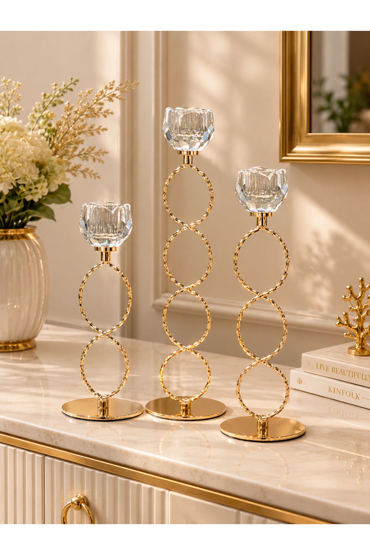 Gold metal and crystal candle holder set of 3
