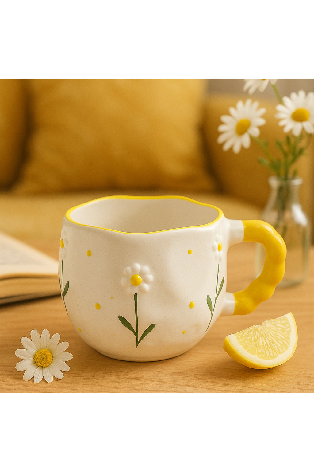 Handmade ceramic daisy mug with yellow handle