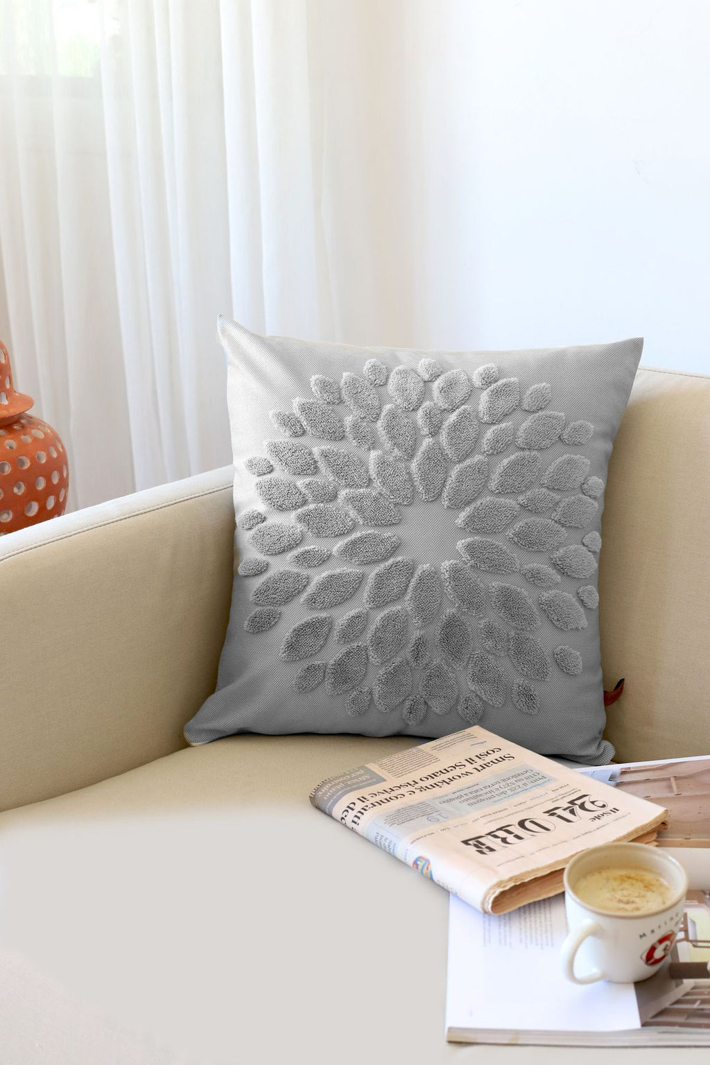Grey tufted flower cushion cover