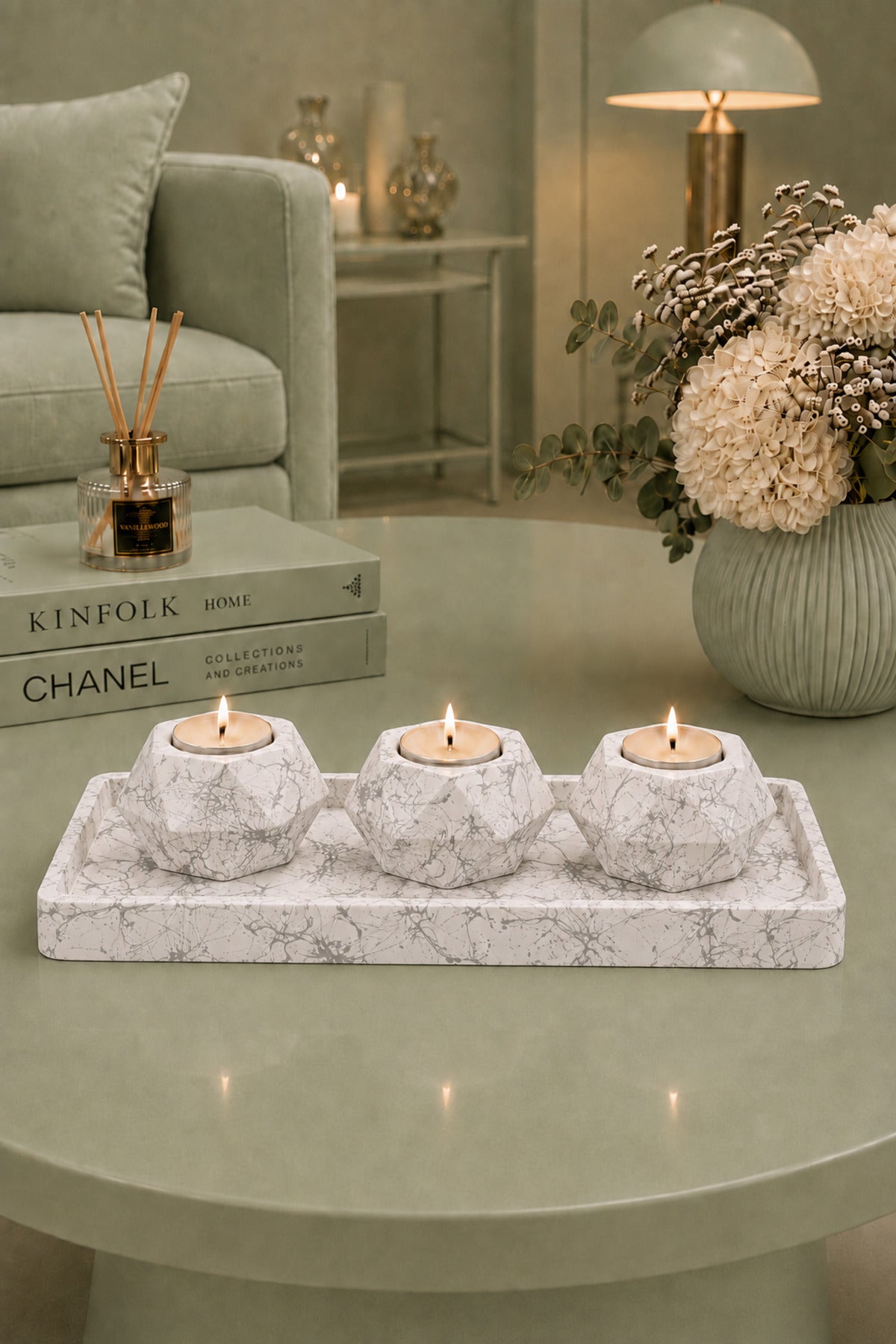 Silver concrete tealight holder set with tray