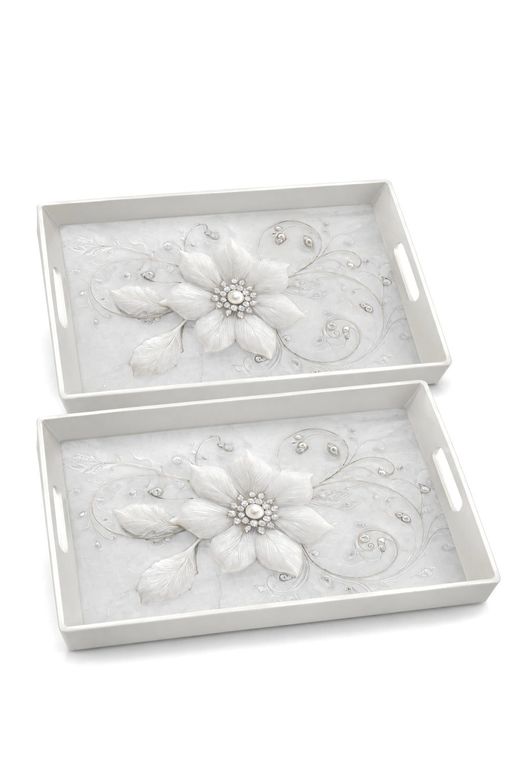 Silver flower serving trays, set of 2