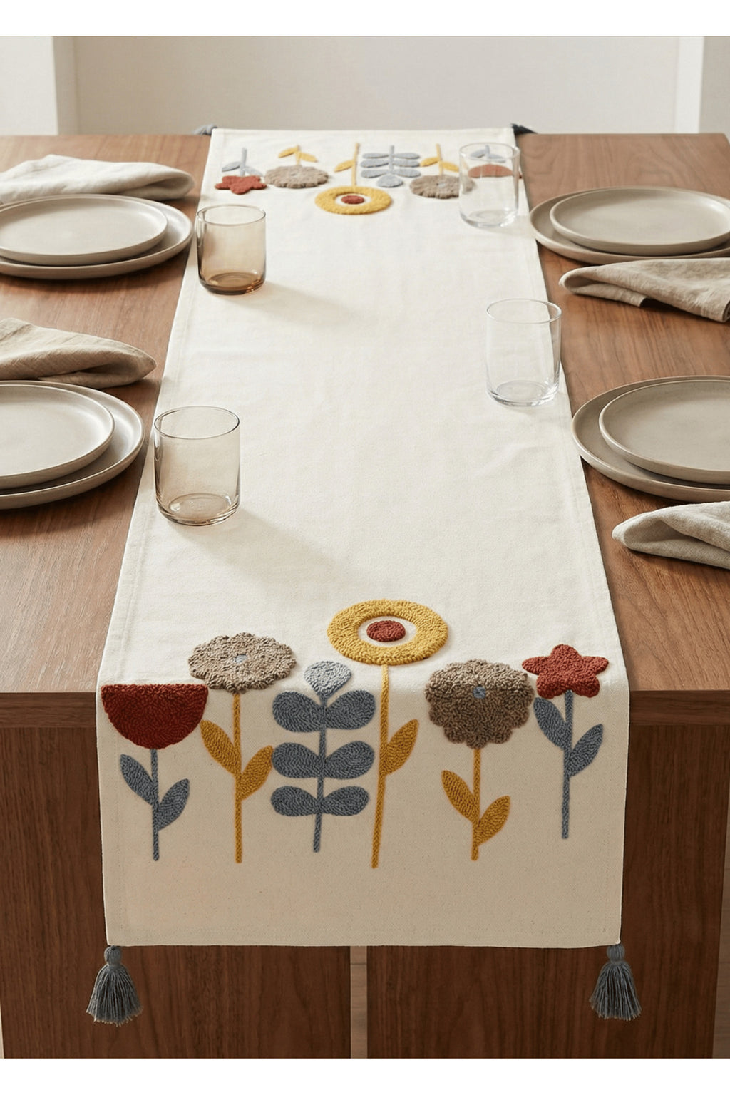 Flower runner on a wooden table