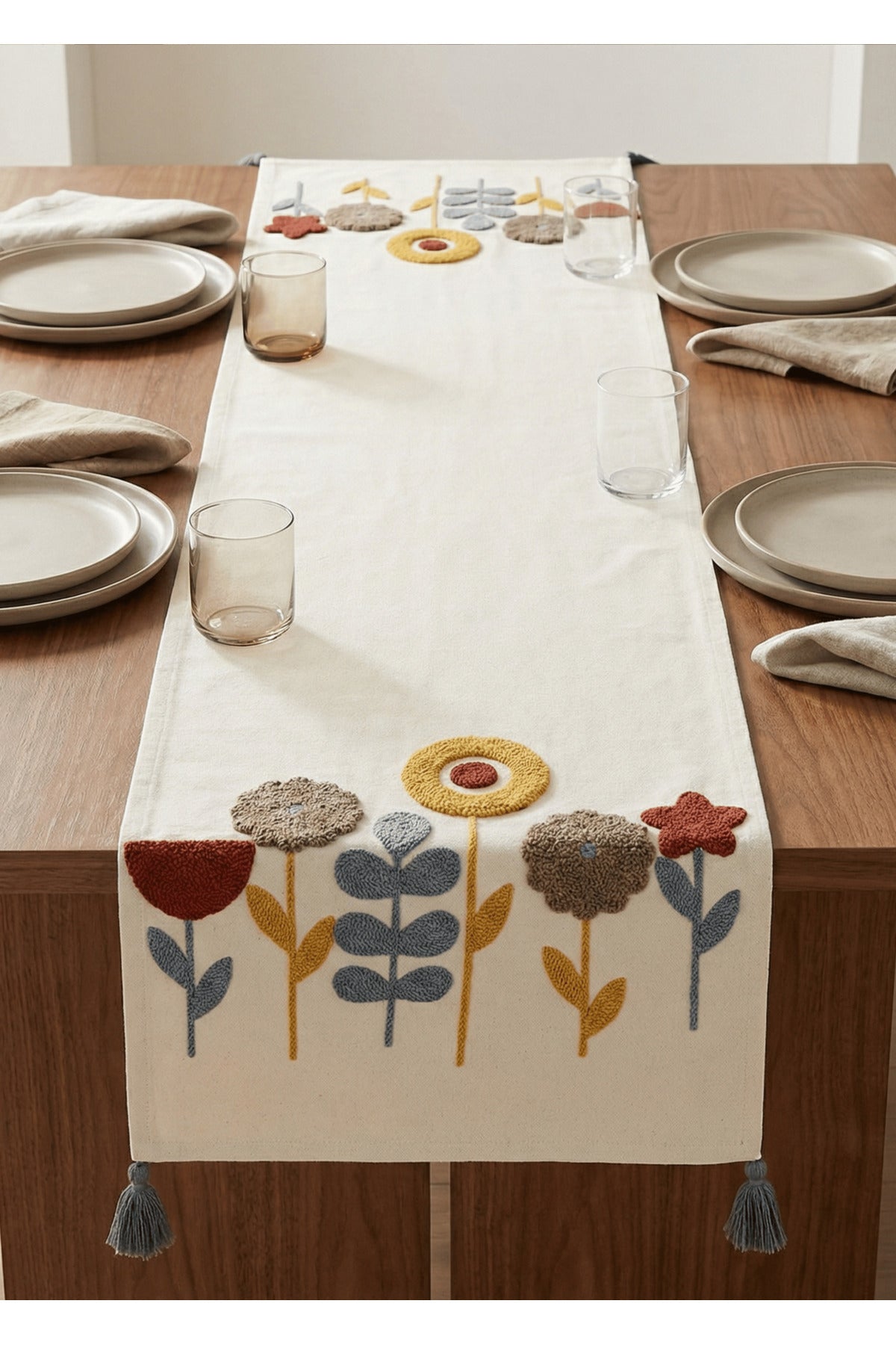 Flower runner on a wooden table