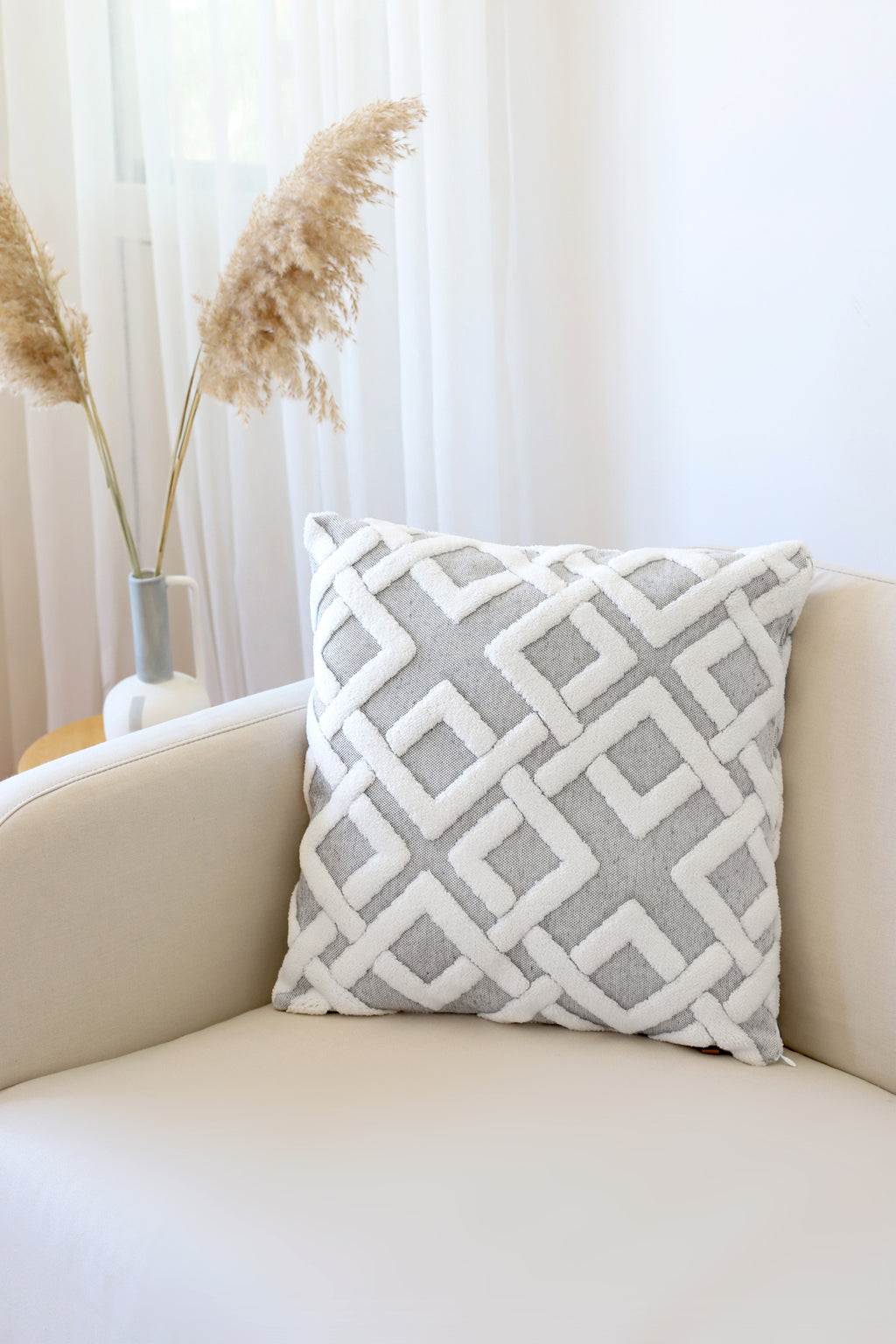 Grey tufted lattice cushion cover