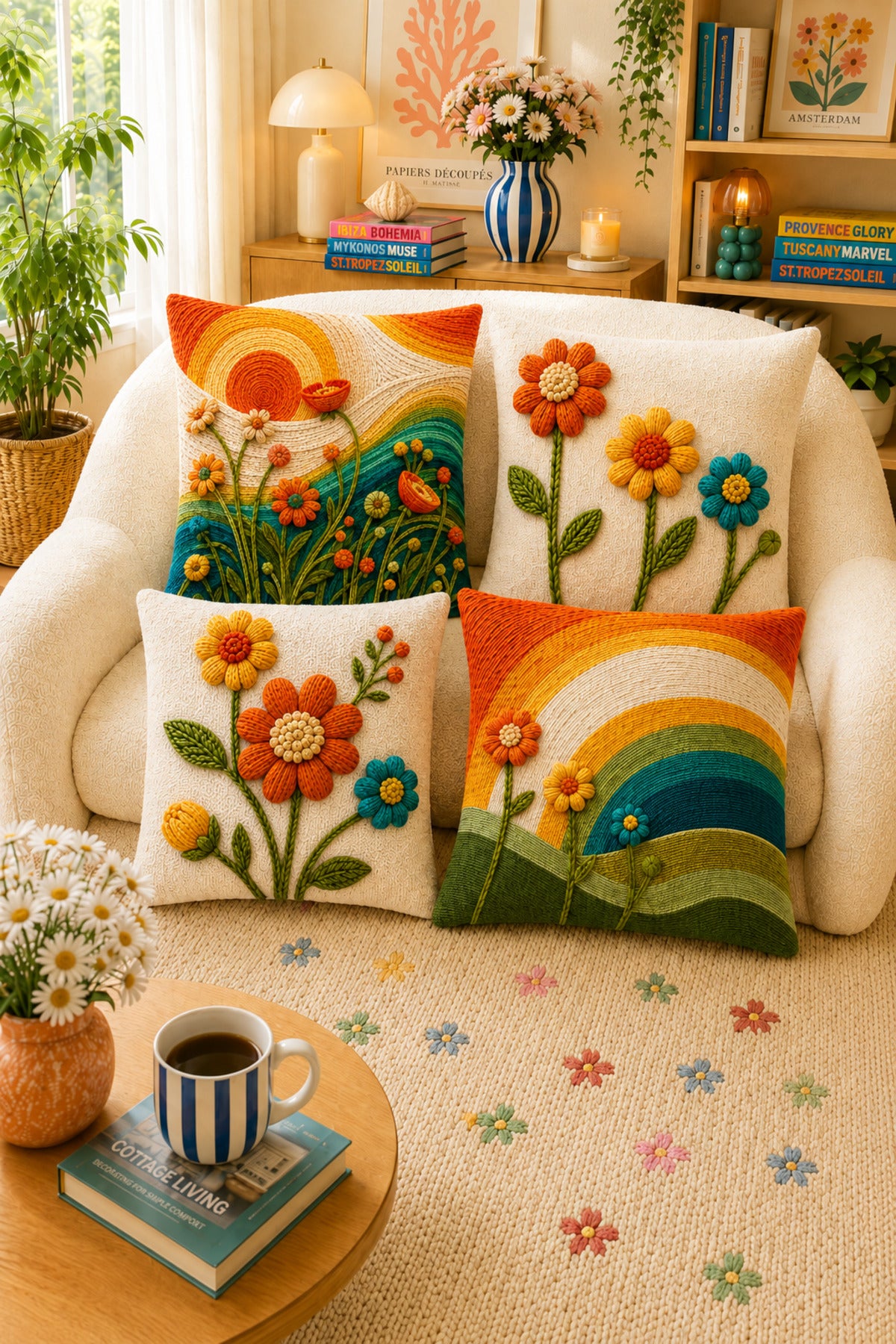 Colourful flower cushions on an armchair