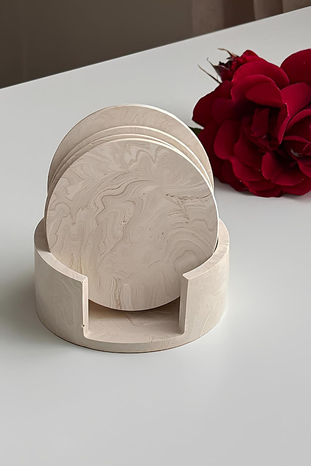 Marble look coasters on a table