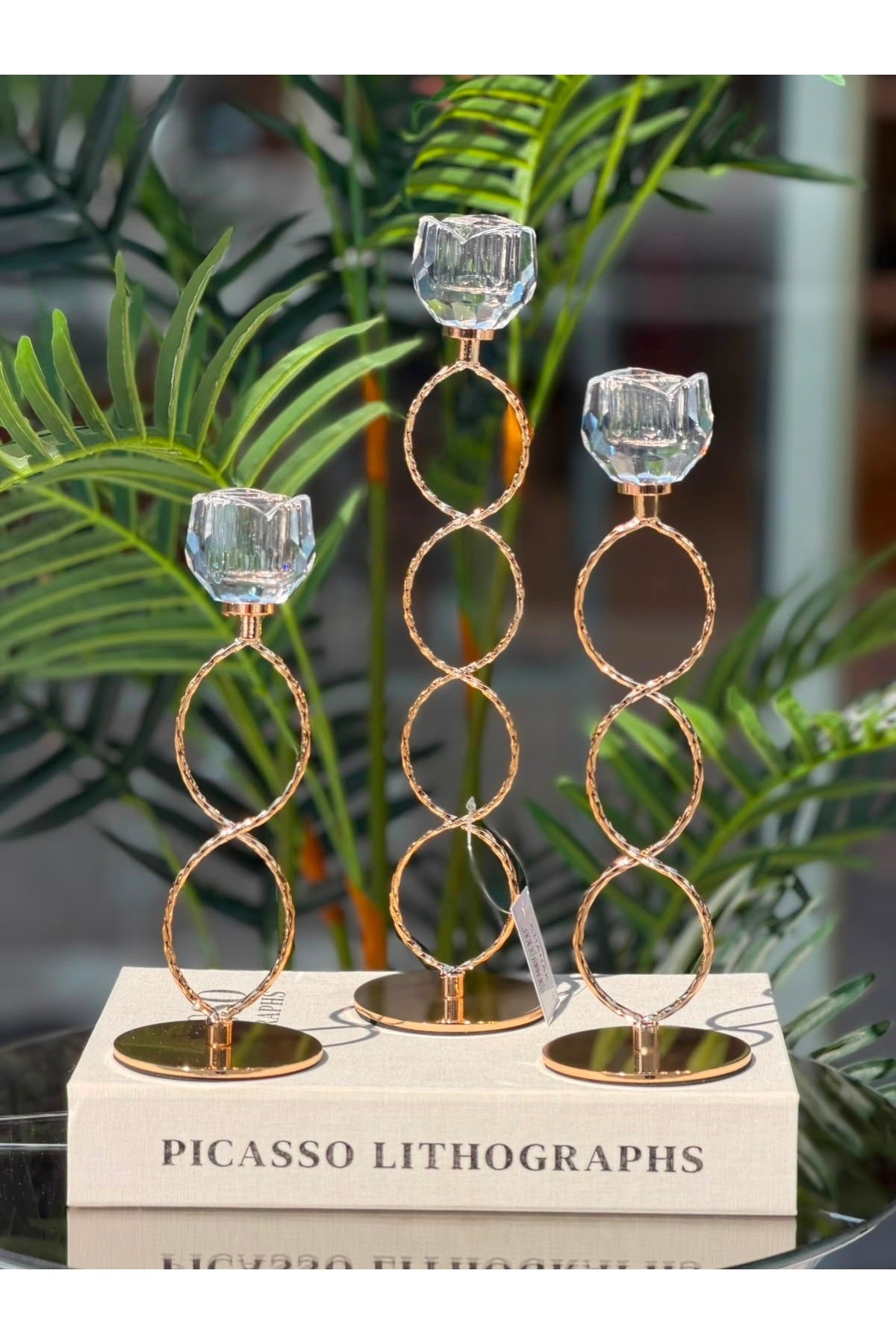 Gold candle holder set close-up