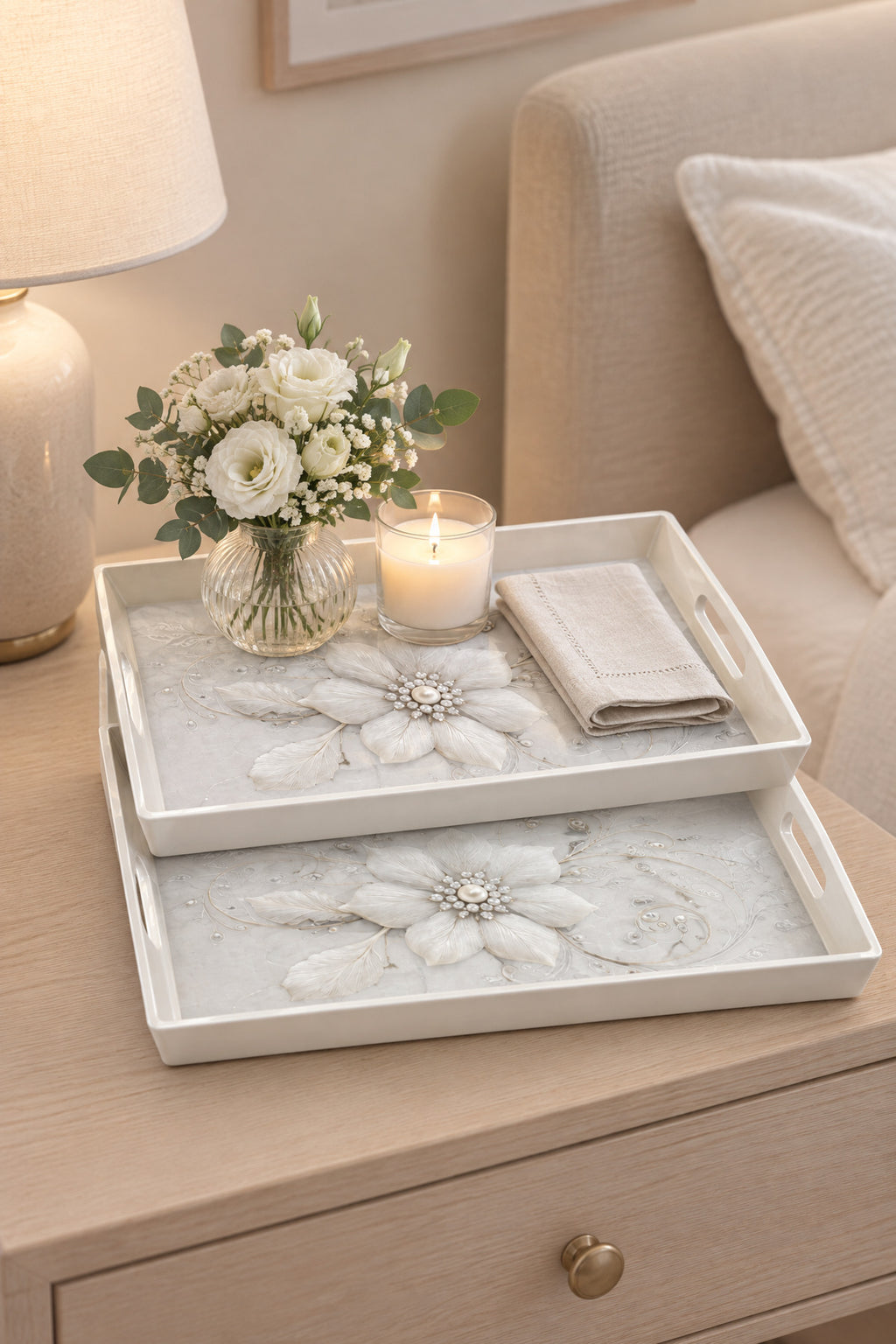 Flower serving trays on a side table