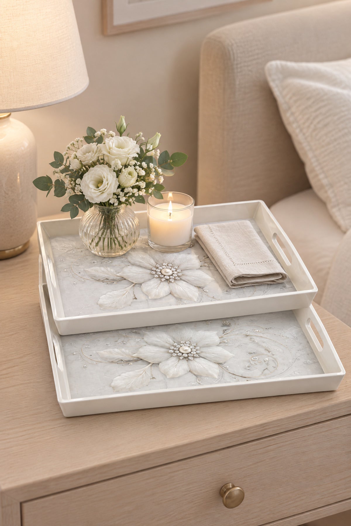 Flower serving trays on a side table
