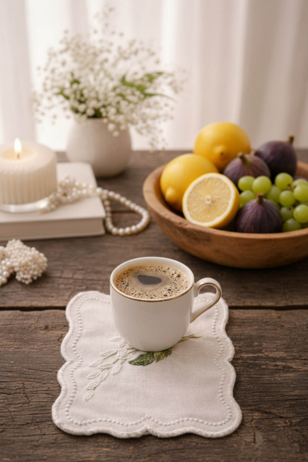 Linen coaster under a coffee cup