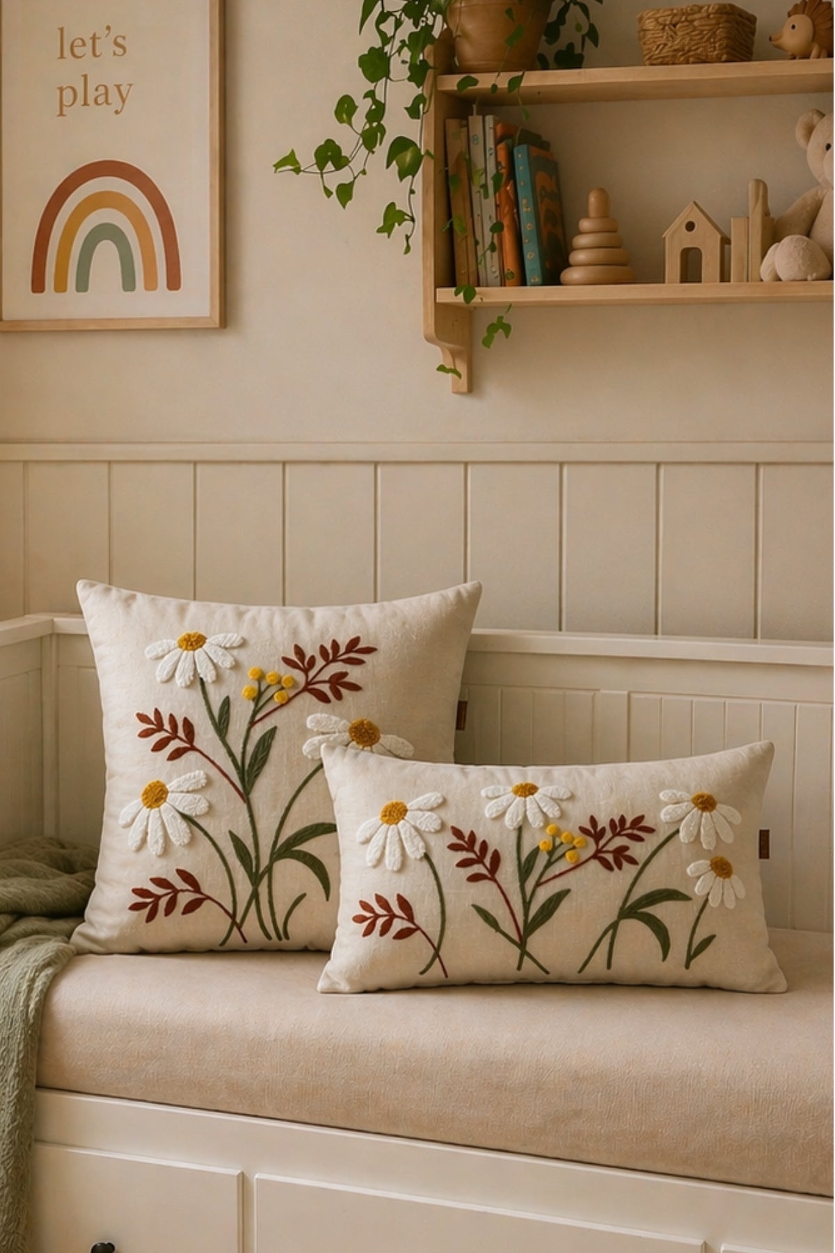 Daisy cushions on a window seat