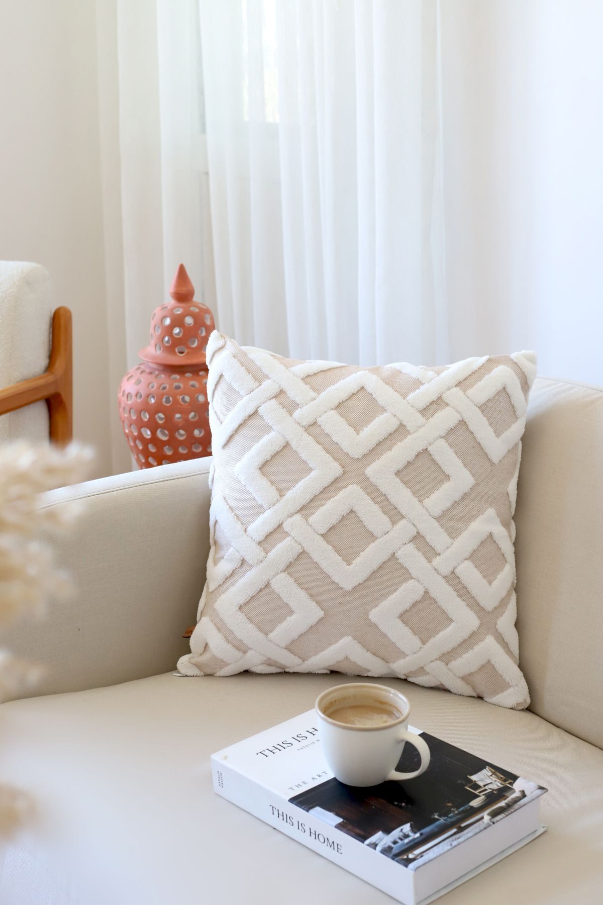 Beige tufted lattice cushion cover