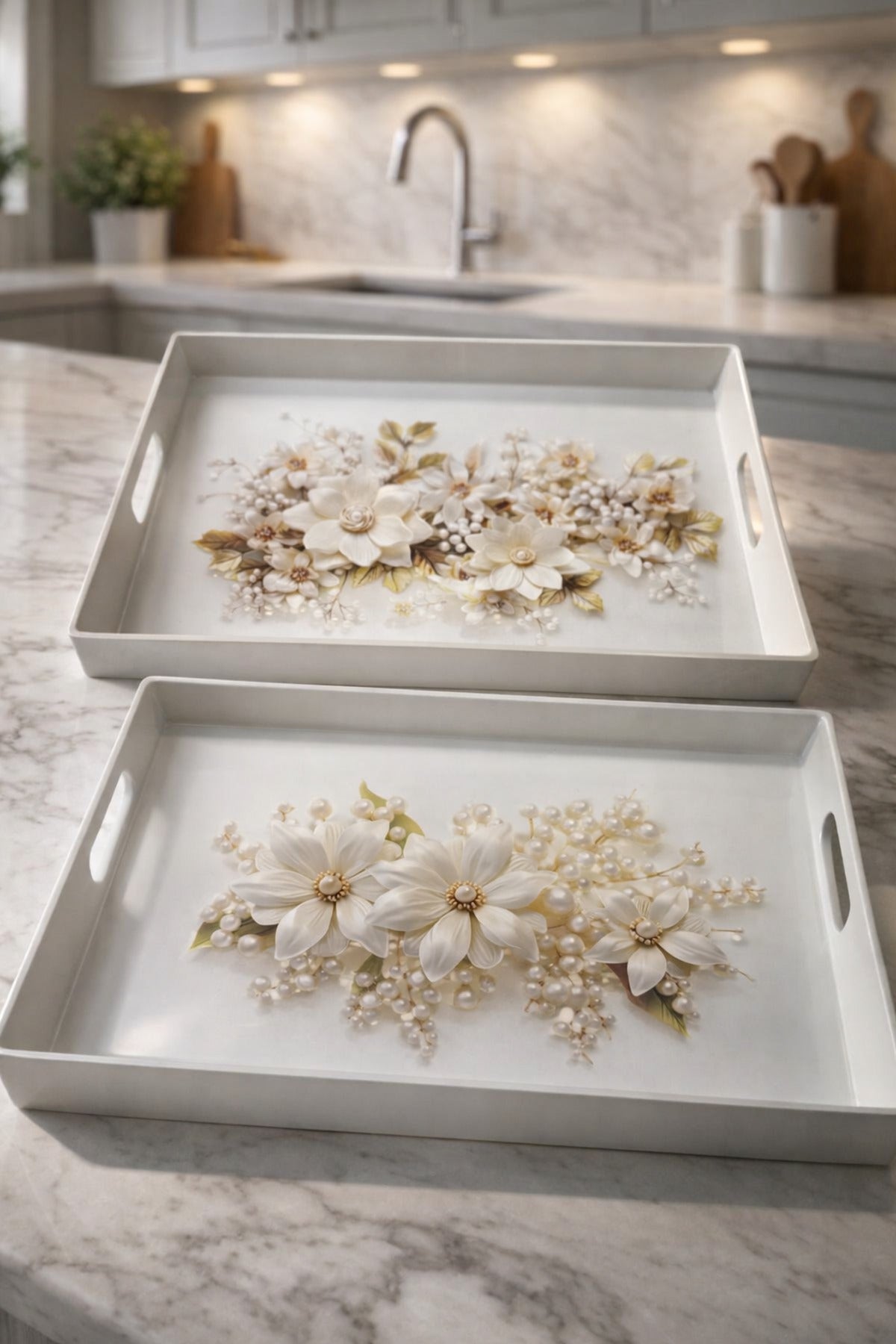 Floral rectangular serving tray set of 2