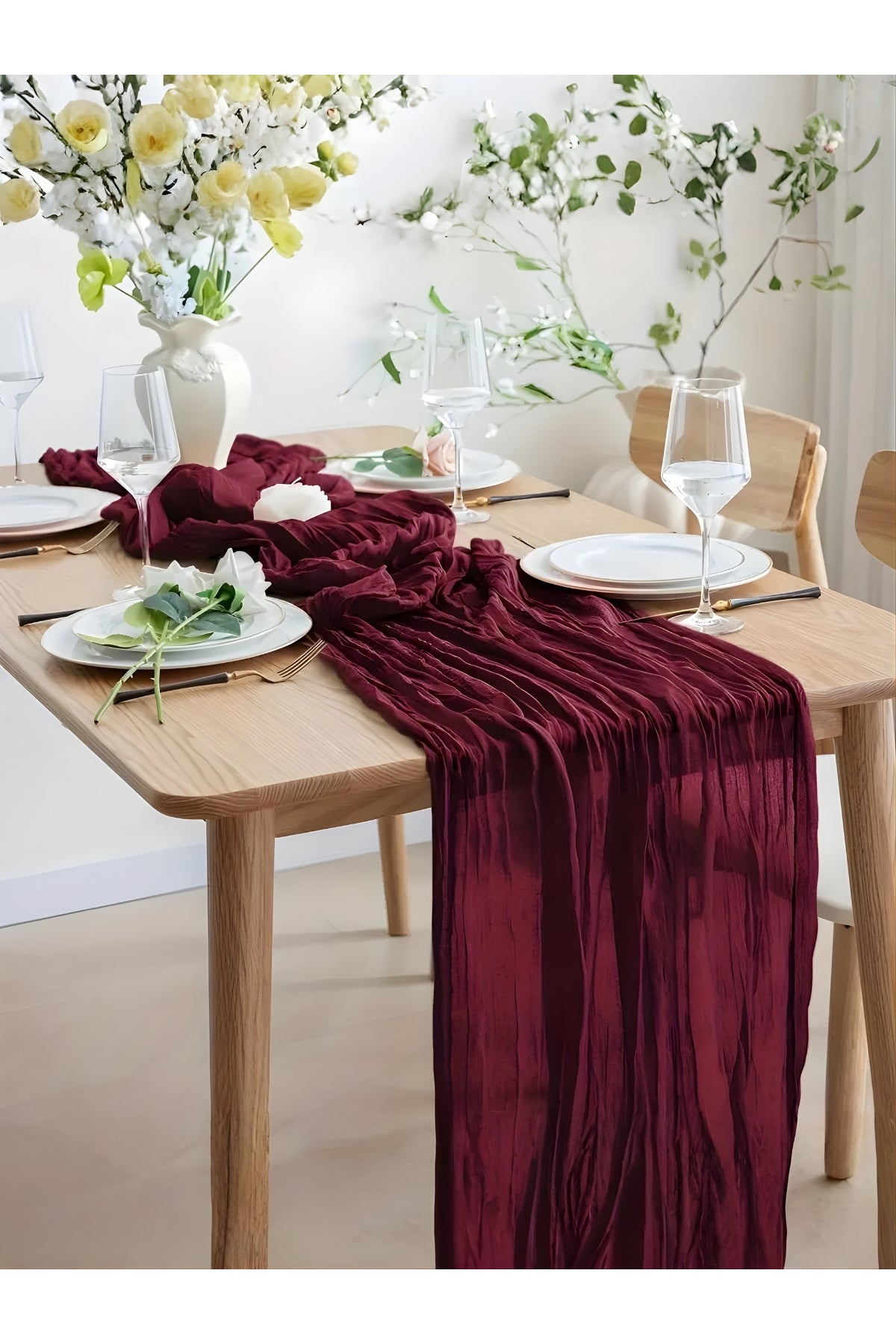 Burgundy bohemian cotton table runner on a dining table