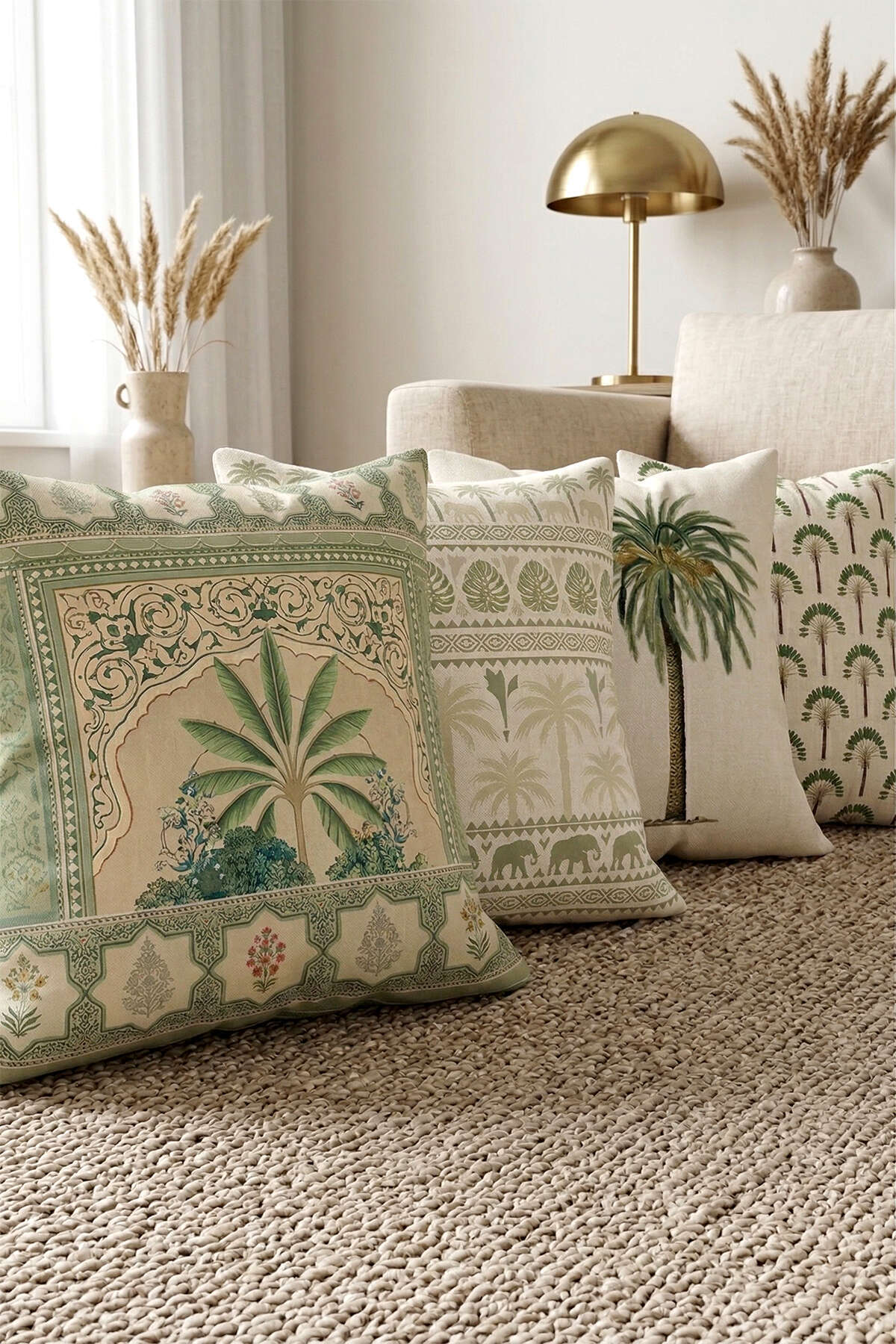 Palm print cushions on a sofa