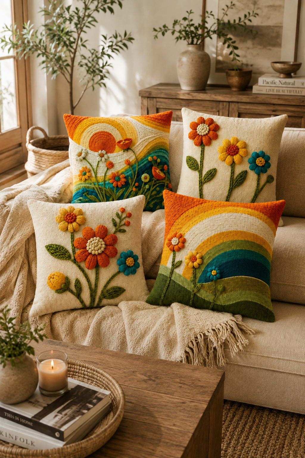 Flower cushions in a living room