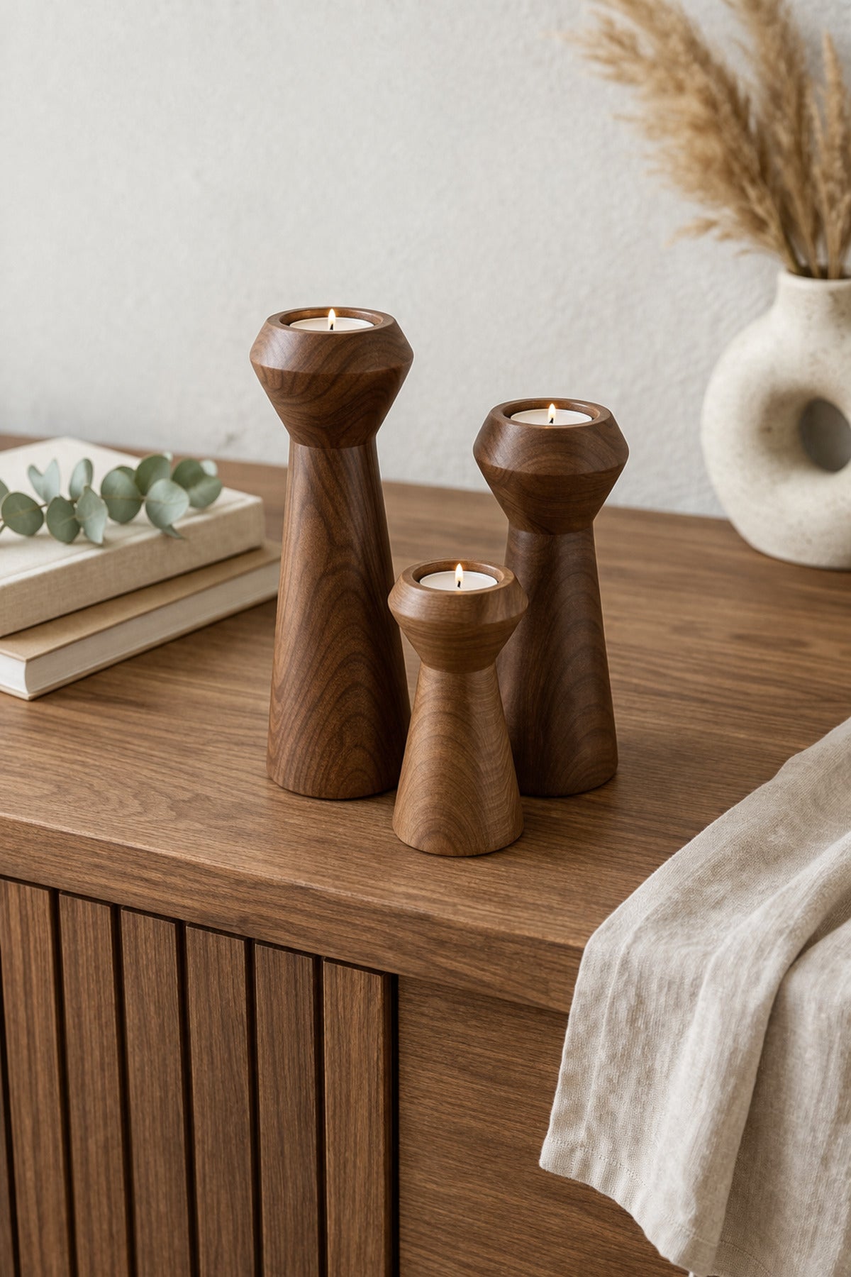 Brown candle holders on a sideboard