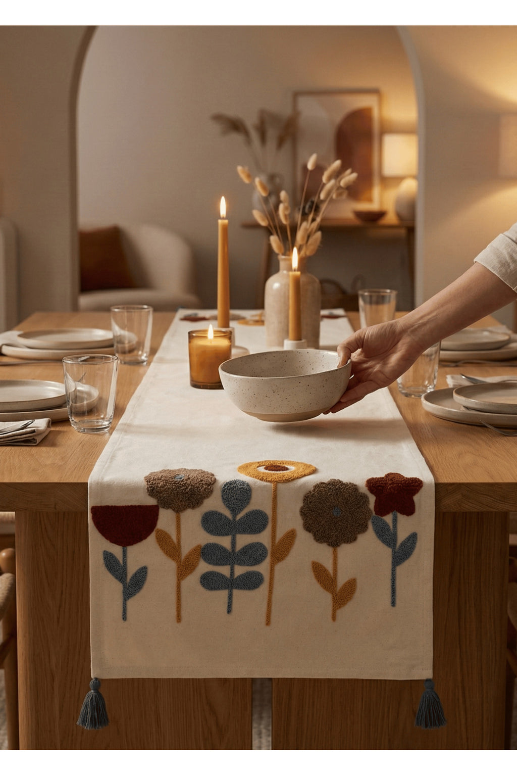 Flower runner on a dining table