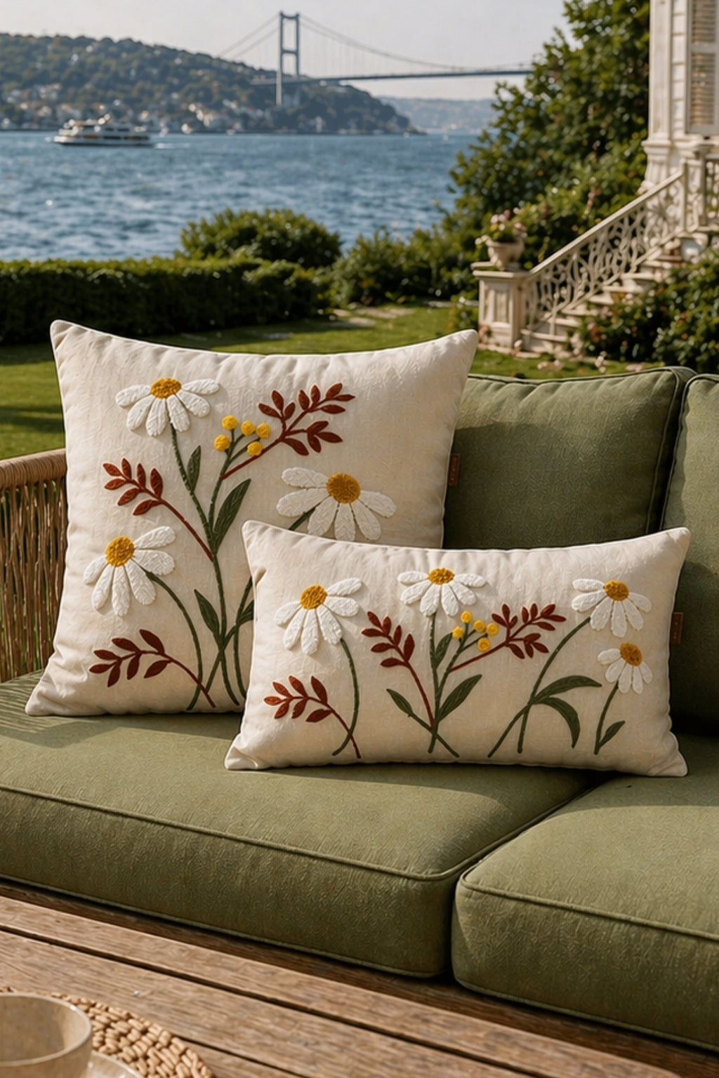 Embroidered daisy cushion covers, set of 2