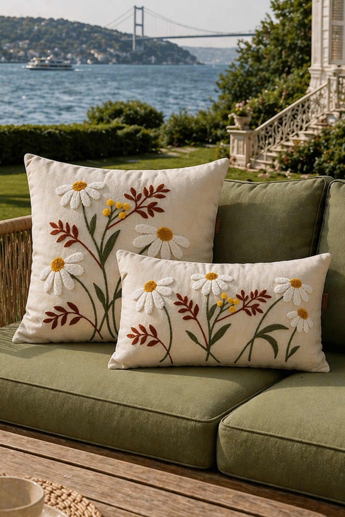 Embroidered daisy cushion covers, set of 2