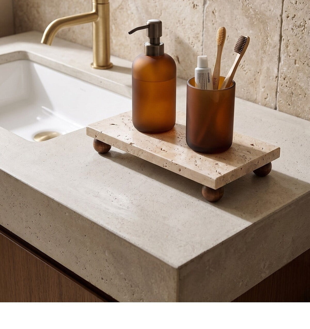 Travertine Tray with Wooden Feet