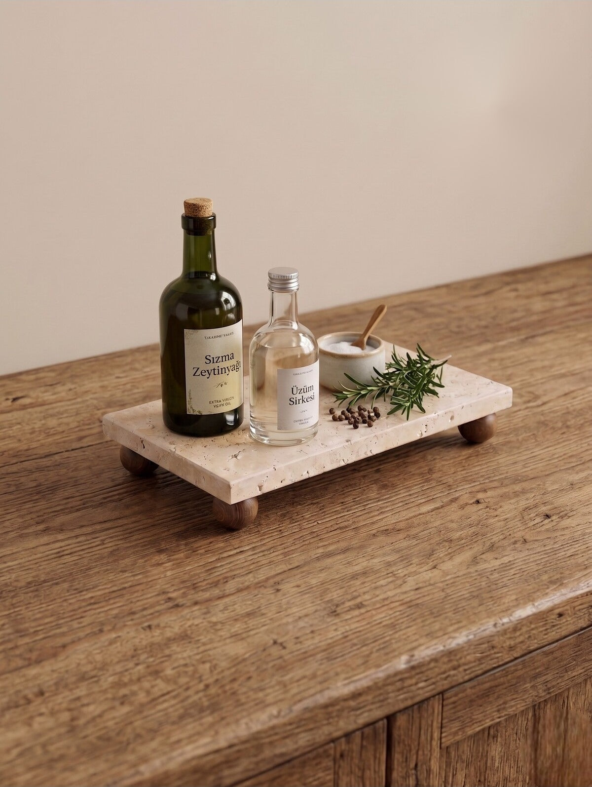 Travertine Tray with Wooden Feet